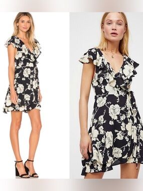 Free People Black Cream Floral Wrap Mini Dress Sz S